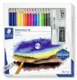   STAEDTLER Akvarell ceruza készlet, ecsettel, radírral, hegyezővel, grafitceruzával, STAEDTLER® "146 10C", 12 különböző szín