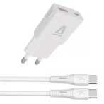   AVAX Hálózati töltő + USB-C - USB-C kábel, 1,5 m,  AVAX "CH6413", fehér