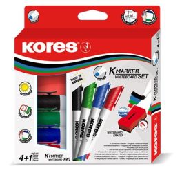 KORES Tábla- és flipchart marker készlet mágneses táblatörlő szivaccsal, 3 mm, kúpos KORES "XW1", 4 különböző szín KORES Tábla- és flipchart marker készlet mágneses táblatörlő szivaccsal, 3 mm, kúpos KORES "XW1", 4 különböző szín