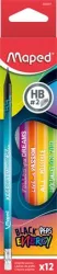 MAPED Grafitceruza radírral, HB, háromszögletű, MAPED "Black'Peps Energy", 6 különböző minta