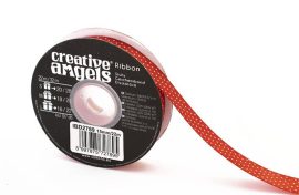 . Szatén szalag, 15 mm x 22 m, piros fehér pöttyökkel . Szatén szalag, 15 mm x 22 m, piros fehér pöttyökkel