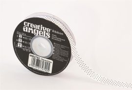 . Szatén szalag, 15 mm x 22 m, fehér fekete pöttyökkel . Szatén szalag, 15 mm x 22 m, fehér fekete pöttyökkel