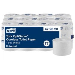TORK Toalettpapír, belsőmag nélküli, T7 rendszer, 1 rétegű, 13,1 cm átmérő, Universal, TORK "OptiServe", fehér TORK Toalettpapír, belsőmag nélküli, T7 rendszer, 1 rétegű, 13,1 cm átmérő, Universal, TORK "OptiServe", fehér