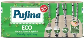 PUFINA Toalettpapír, 3 rétegű, kistekercses, 8 tekercs, PUFINA "Eco", fehérítetlen és vegyszermentes