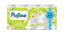 PUFINA Toalettpapír, 3 rétegű, kistekercses, 16 tekercs, PUFINA "Chamomile", kamilla illattal