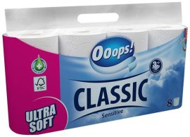 OOOPS Toalettpapír, 3 rétegű, kistekercses, 8 tekercs, OOOPS "Classic", sensitive OOOPS Toalettpapír, 3 rétegű, kistekercses, 8 tekercs, OOOPS "Classic", sensitive