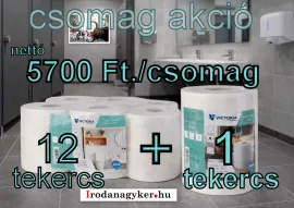 VICTORIA HYGIENE Toalettpapír, 2 rétegű, 19 cm átmérő, VICTORIA HYGIENE, "Fine Mini Jumbo", fehér + 1 tekercs kéztörlő 2 rétegű, 300 lap, VICTORIA HYGIENE, "Fine XL"