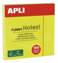APLI Öntapadó jegyzettömb, 75x75 mm, 100 lap, APLI "Funny", neon sárga APLI Öntapadó jegyzettömb, 75x75 mm, 100 lap, APLI "Funny", neon sárga