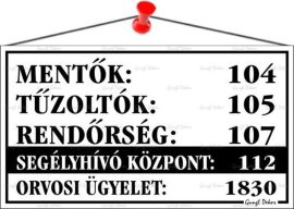 . Információs tábla, 22,5x12,5 cm, "Mentők tűzoltók, rendőrség telefonszámok", fehér . Információs tábla, 22,5x12,5 cm, "Mentők tűzoltók, rendőrség telefonszámok", fehér