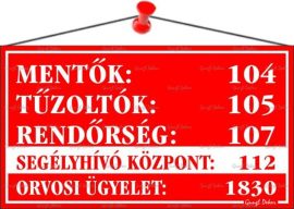 . Információs tábla, 22,5x12,5 cm, "Mentők tűzoltók, rendőrség telefonszámok", piros . Információs tábla, 22,5x12,5 cm, "Mentők tűzoltók, rendőrség telefonszámok", piros
