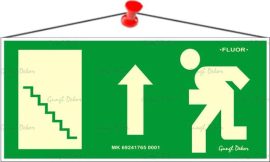 . Információs tábla, 25x11,5 cm, fluoreszkáló, utánvilágítós, "Menekülési irány fel, lépcső balra" . Információs tábla, 25x11,5 cm, fluoreszkáló, utánvilágítós, "Menekülési irány fel, lépcső balra"