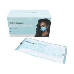 . Papírmaszk, egyesével csomagolt, háromrétegű, gumis, 50 db, kék