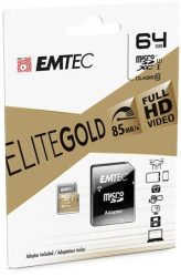 EMTEC Memóriakártya, microSDXC, 64GB, UHS-I/U1, 85/20 MB/s, adapter, EMTEC "Elite Gold" EMTEC Memóriakártya, microSDXC, 64GB, UHS-I/U1, 85/20 MB/s, adapter, EMTEC "Elite Gold"