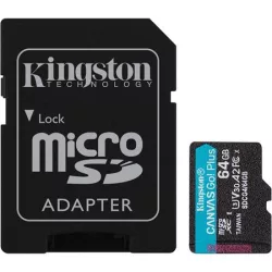 KINGSTON Memóriakártya, microSDXC, 64GB, C10/UHS-I/U3/V30/A2, Gen4, adapter, KINGSTON "Canvas Go! Plus"