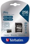 VERBATIM Memóriakártya, microSDXC, 256GB, CL10/U3/A2, 100/90 MB/s, adapter, VERBATIM "PRO" VERBATIM Memóriakártya, microSDXC, 256GB, CL10/U3/A2, 100/90 MB/s, adapter, VERBATIM "PRO"
