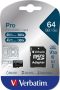   VERBATIM Memóriakártya, microSDXC, 64GB, CL10/U3, 90/45 MB/s, adapter, VERBATIM "PRO"