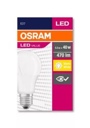 OSRAM LED izzó, E27, gömb, A60, 5W, 470lm, 2700K (MF), OSRAM "Value" OSRAM LED izzó, E27, gömb, A60, 5W, 470lm, 2700K (MF), OSRAM "Value"