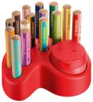   STABILO Színes ceruza készlet asztali tartóban, kerek, vastag, STABILO "Woody 3 in 1", 15 különböző szín, hegyezővel