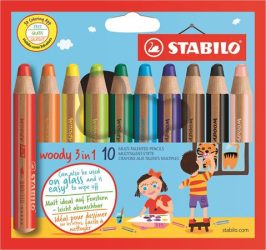 STABILO Színes ceruza készlet, kerek, vastag, STABILO "Woody 3 in 1", 10 különböző szín
