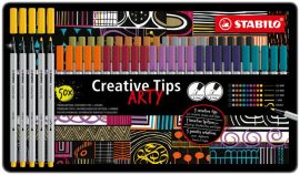 STABILO Tűfilc készlet, fém doboz, STABILO "Creative Tips ARTY", 10 különböző szín, 5 különböző vastagság