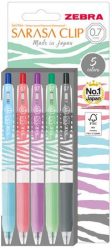 ZEBRA Zseléstoll készlet, 0,33 mm, nyomógombos, csíkos test, ZEBRA "Sarasa Clip Pastel", 5 különböző pasztell szín