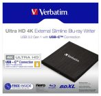 VERBATIM Blu-ray író, (külső meghajtó), 4K Ultra HD, USB 3.1 GEN 1 USB-C, VERBATIM "Slimline" VERBATIM Blu-ray író, (külső meghajtó), 4K Ultra HD, USB 3.1 GEN 1 USB-C, VERBATIM "Slimline"