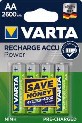 VARTA Tölthető elem, AA ceruza, 4x2600 mAh, előtöltött, VARTA "Power" VARTA Tölthető elem, AA ceruza, 4x2600 mAh, előtöltött, VARTA "Power"