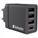 VERBATIM Hálózati töltő, 1xUSB-C PD (20W), USB-A QC 3.0, 2xUSB-A (10W), VERBATIM, fekete VERBATIM Hálózati töltő, 1xUSB-C PD (20W), USB-A QC 3.0, 2xUSB-A (10W), VERBATIM, fekete