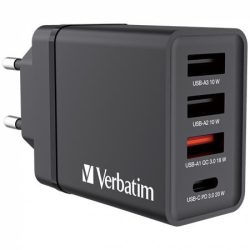 VERBATIM Hálózati töltő, 1xUSB-C PD (20W), USB-A QC 3.0, 2xUSB-A (10W), VERBATIM, fekete VERBATIM Hálózati töltő, 1xUSB-C PD (20W), USB-A QC 3.0, 2xUSB-A (10W), VERBATIM, fekete